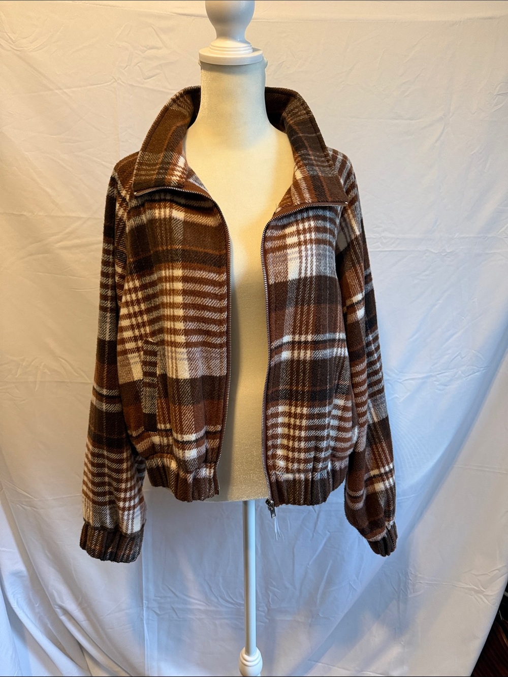 HYFVE Brown and Cream Plaid Bomber Jacket